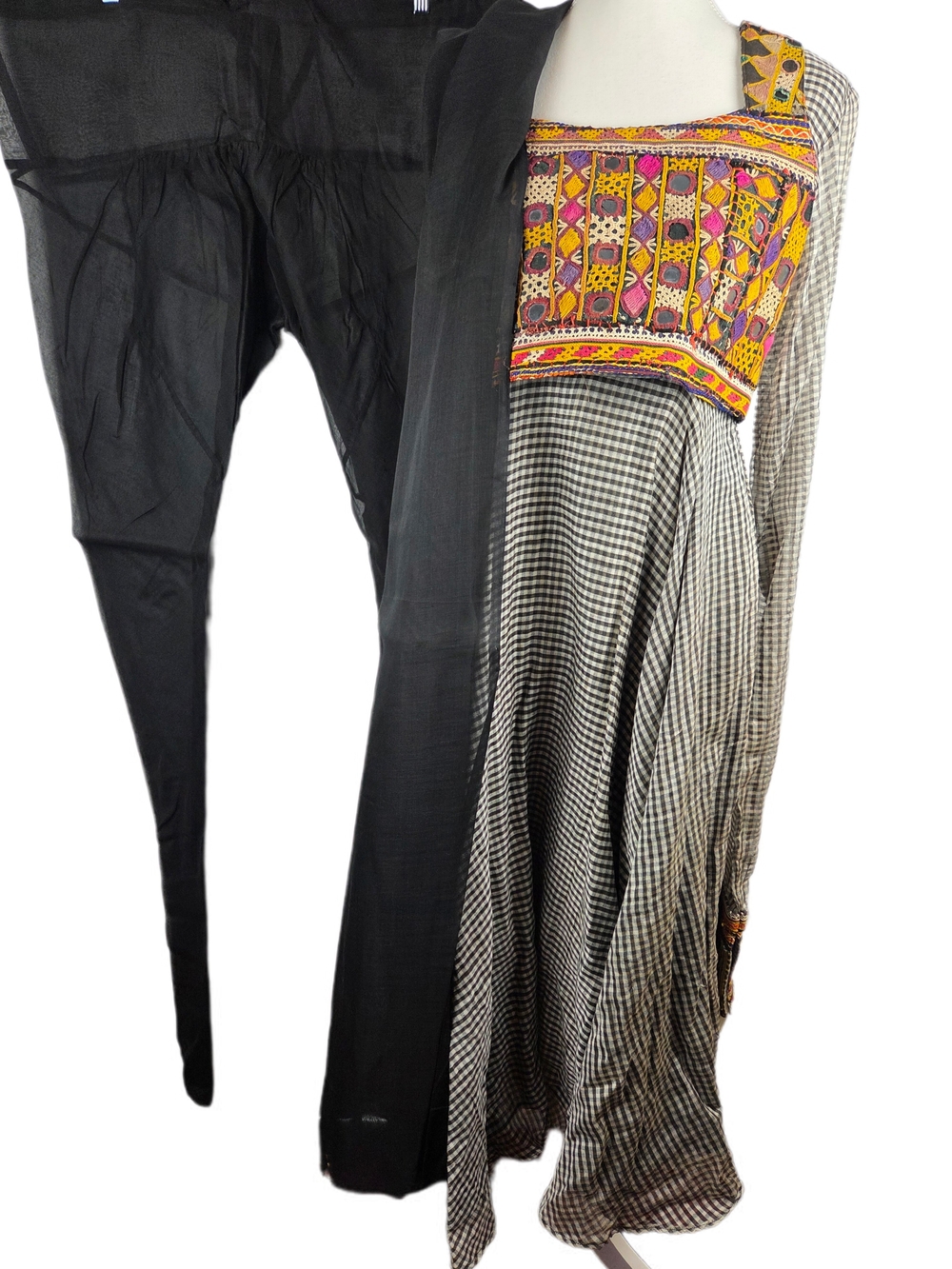 Black Checkered Anarkali Gown with Embroidered Gamthi Yoke & Dupatta Set